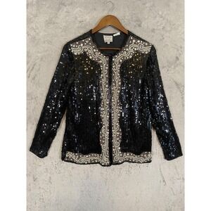 Vintage Stenay Jacket Womens Small Black Silk Beaded Sequin Pearl 90s Rhinestone
